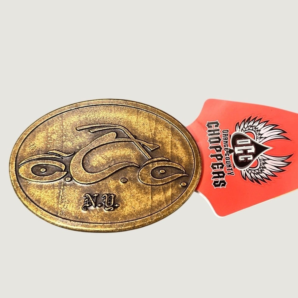 Orange County Choppers OCC Belt Buckle Gold Tone Motorcycle NY 2004 NWT 4in Y2K